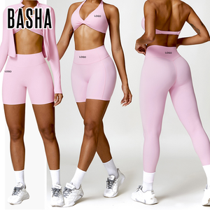 Conjunto <span class=keywords><strong>Deportivo</strong></span> de 4 Piezas para Fitness, Yoga y Running: Chaqueta con Cremallera, Shorts Fruncidos, <span class=keywords><strong>Sujetador</strong></span> y Leggings para Gimnasio - Product Image 5