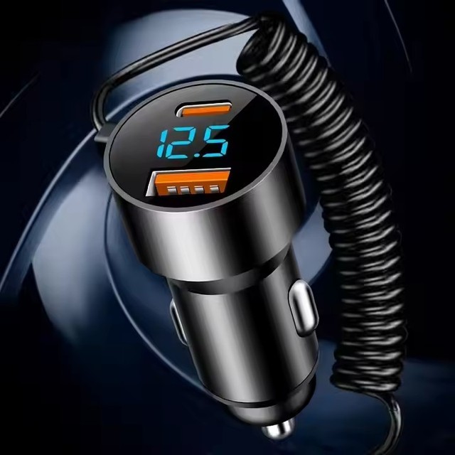 100W Fast Charging Car Charger With Retractable Cable USB PD Car Phone Charger Digital Cigarette Converter Adapter