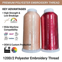 Benang Bordir Polyester 100% Dicelup 120D/2 40WT 4000yard Susut Rendah, Halus, Berkilau Tinggi, Mesin OEM & Kustom