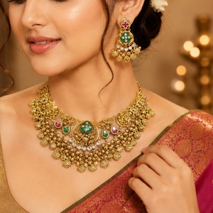 Ensemble de collier traditionnel en argent 925 avec pierres vertes et roses, design artisanal, bijoux ethniques pour femmes, à porter pour un mariage - Product Image 6