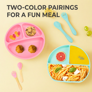 Ensemble d'alimentation pour bébé en silicone, assiette ronde divisée avec cuillère et fourchette, vaisselle pour enfants, bleu - Product Image 5