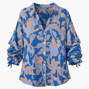 <span class=keywords><strong>Camicetta</strong></span> Oversize da Donna Personalizzata in Lino Blu e <span class=keywords><strong>Arancione</strong></span> con Stampa Astratta, Polsini con Laccetti e Chiusura Abbottonata - Top Moda - Product Image 5