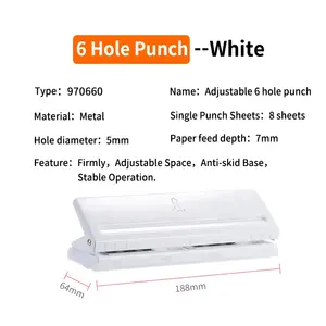 Perfurador de papel portátil retangular, perfurador personalizado com 6 buracos para papel a5 a6, preto, rosa, branco, azul, ajustável