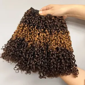 Ekstensi rambut lurus kutikula India mentah, bundel rambut manusia keriting Pixie warna Highlight T4/30/4 kualitas terbaik Fumi