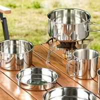 Ensemble de cuisine de camping écologique en acier inoxydable 304, 6 pièces : casseroles, poêles, assiettes, tasses, sac de transport, réchaud à gaz, capacité 1-2L (sans casserole)