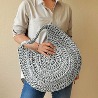 Bolso de Hombro Redondo de Color Sólido, Tejido con Cuerda de Algodón, Bolso Tote de Ganchillo Hecho a Mano, Bolso Grande Informal para Damas, para Salidas Diarias