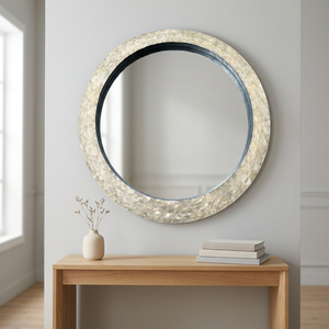 Miroir mural rond en laque artisanale avec incrustation de nacre, miroir décoratif suspendu, cadre en MDF - Product Image 3