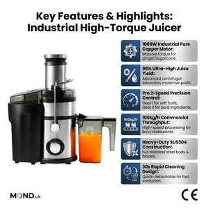 Extractor de Jugos Centrífugo Comercial JE888 de 1000W con Boca de Alimentación de 85mm para Naranjas, Jengibre y Frutas, Ideal para Bares y Restaurantes - Product Image 3