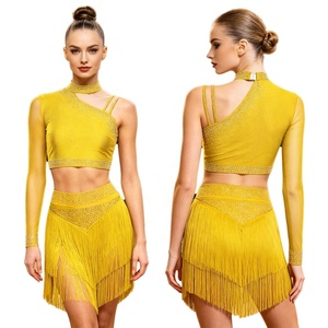 Traje de Baile Latino con Pedrería para Mujer, Falda con Flecos, Top Corto Asimétrico de Una Manga, Conjunto de Ropa de Baile para Competencia, Personalizado - Product Image 2