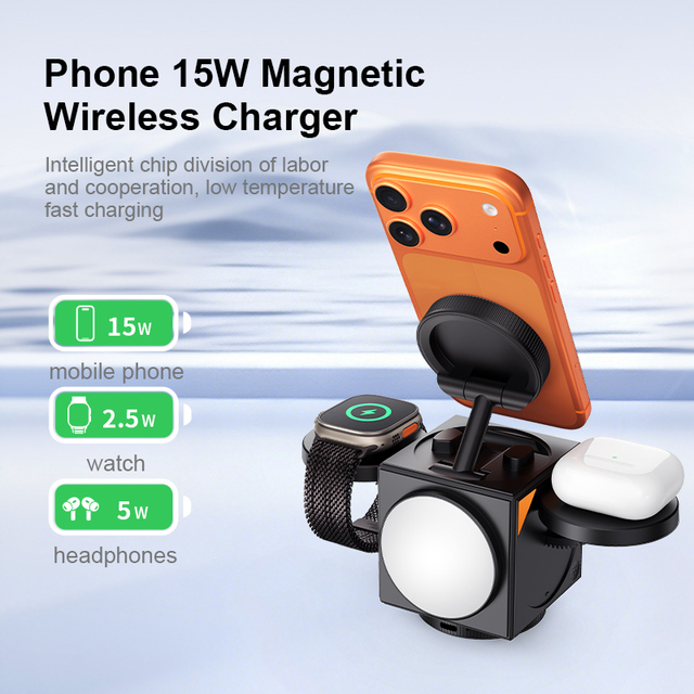High Quality 15W 3 in 1 Digital Clock Night Light Wireless Charger Dual Rotation Phone Watch Earphone Station