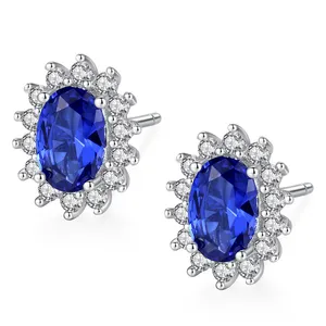 New Natural Birthstone Royal Blue Oval Topaz Sapphire Stud Earrings With Solid 925 Sterling Silver Fine Jewelry for Women