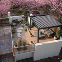 Pergola de jardin de luxe écologique motorisée bioclimatique en aluminium thermolaqué, pavillon permanent à toit rigide avec rideau