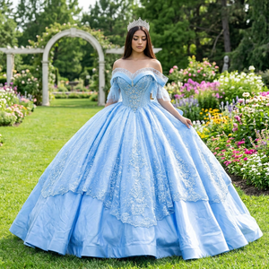 Vestido de Gala Azul Moderno para Quinceañera Lsmc138 con Cola Real y Decoración de Encaje, Tallas Grandes, Formal para Mujer Jancember - Product Image 1
