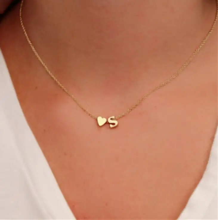 Fashion Tiny Heart Dainty Initial Gold Silver Color Letter Name Choker Necklace For Women Pendant Jewelry
