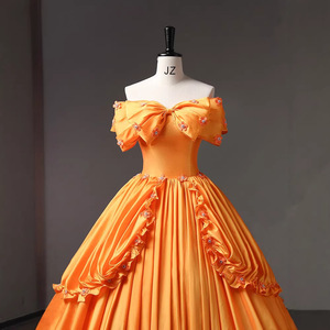 Orange Off The Shoulder Evening Gown Empire Waist 3D Flowers Tutu Skirt For Performances And Ceremonies - Product Image 2