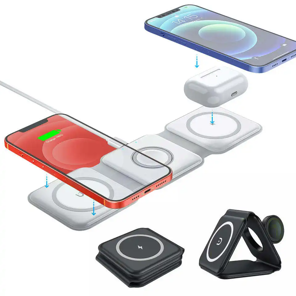 Cargador inalámbrico QI 3 en 1, estación de carga plegable magnética, almohadilla de carga inalámbrica rápida QI para iPhone AirPods iWatch