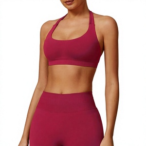 VINOR SPORTS INDUSTRY <b>Women's</b> Solid <b>Burgundy</b> Halter Neck Sports Bra High Support Scoop Neck Yoga <b>Top</b> Breathable 3D Embroidery - Product Image 1