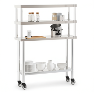 Table de travail pour cuisine commerciale 43,3x11,8x59,1 en acier inoxydable avec étagère supérieure autoportante et roulettes - Product Image 1