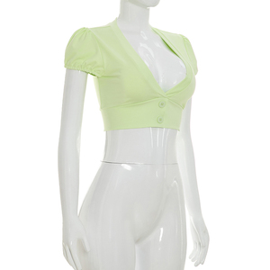 Viviblook C26TP186 T-shirt d'été pour femme, nouveau haut court uni à manches courtes et col bas avec boutons pour femmes - Product Image 2