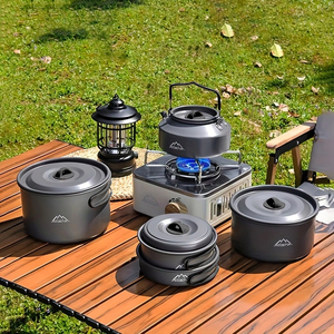 Самый популярный набор посуды из анодированного алюминиевого сплава: кастрюля 3-4 л с крышкой, портативная газовая плита, сковорода для кемпинга и приготовления пищи на открытом воздухе - Product Image 1