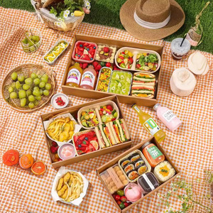 กล่องปิกนิกแบบใช้แล้วทิ้ง กล่องอาหารกลางวันกระดาษคราฟท์ สำหรับเก็บอาหารแคมป์ปิ้งกลางแจ้ง บรรจุภัณฑ์ซูชิแบบนำกลับบ้าน - Product Image 1