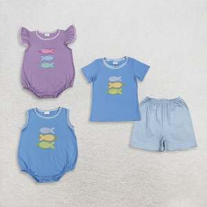 Conjunto de Ropa para Bebés con Bordado de Peces a Juego para Hermanos, Ecológico, de Spandex/Poliéster, con Romper Tipo Burbuja y Camiseta Informal - Product Image 2