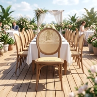Chaise Louis en plastique imitation bois vintage français avec dossier en rotin tressé à la main, empilable pour location de mariages et événements