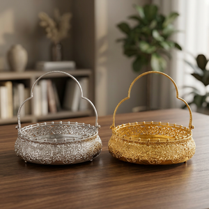 Round Metal Decorative <b>Tray</b> with Handle Silver and Gold Finish Traditional Engraved Floral Design 1pcs - Product Image 1