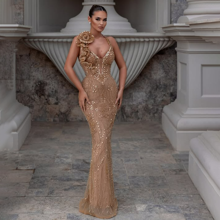 Champagne Gold Gown - Elegant Floor-Length Party Wear