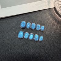 Lot de 10 faux ongles de luxe bleus œil de chat, longs et carrés, faits à la main, ovales, en acrylique, avec paillettes, pré-conçus, vente en gros