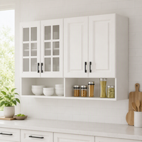 Armoires murales de cuisine blanches avec portes shaker et grille en verre, armoires supérieures modulaires sur mesure, prêtes pour évier, design moderne, rangement et présentation