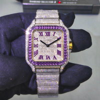 Jam Tangan Pria Custom Rainbow Baguette Diamond Berlapis Emas 18K Dial Persegi Romawi Baja Tahan Karat Iced Out Hip Hop