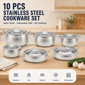 Ensemble de 10 ustensiles de cuisine en acier inoxydable, finition satinée, couvercle en verre, <span class=keywords><strong>poignée</strong></span> rivetée, compatible gaz, induction, électrique, céramique, halogène, passe au lave-vaisselle - Product Image 1