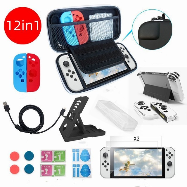 12in1 for Switch OLED Carry Case + Shell Cover + Tempered Glass Host Bracket for Switch OLED Kit Accessories