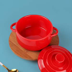 Wholesale Ceramic Red Round Soup Cooking <strong>Pot</strong> <strong>Small</strong> Porcelain Stew <strong>Pot</strong> With Handles &amp; <strong>Lid</strong> - Product Image 3