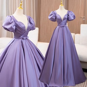 Purple Long Skirt Performance Dress Deep V Neck Puffy Sleeve Women Stage Wear - Product Image 2