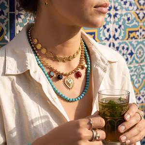 Collar de Bolas de Acero Inoxidable Impermeable con Baño de Oro de 18K, Colgante de Corazón Vintage y Piedras de Colores, Joyería Tipo Gargantilla - Product Image 3