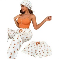Nouvel ensemble 3 pièces pour femme : pyjama imprimé en polyester sans manches, pantalon long et bonnet de douche