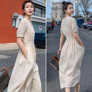 Nuovo abito camicia gonna a campana con collo a V in cotone e <span class=keywords><strong>lino</strong></span> <span class=keywords><strong>misto</strong></span> <span class=keywords><strong>misto</strong></span> a maniche corte abito monopetto - Product Image 5