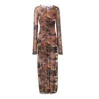 Vestido largo de malla con estampado de camuflaje para mujer, traje de cuello redondo de manga larga