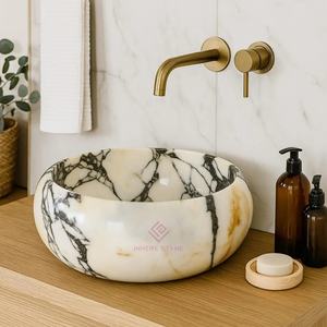 Круглая мраморная раковина Calacatta, каменная раковина, умывальник ручной работы для туалетной комнаты, виллы, квартиры, ванной комнаты, дизайн интерьера - Product Image 2