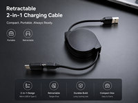 Câble de charge USB rétractable 2-en-1 compatible avec tous les smartphones, charge rapide Type C et Micro USB