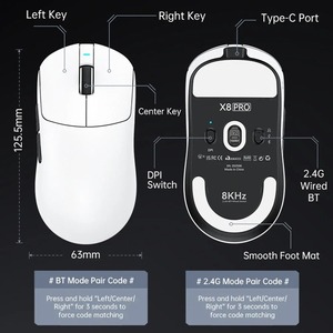 Souris de jeu sans fil Attack Shark X8 <span class=keywords><strong>Pro</strong></span>, légère, 55 g, PAW3395, 8 kHz, 40 000 DPI, 700 IPS, tri-mode, faible latence pour FPS/<span class=keywords><strong>LOL</strong></span> - Product Image 6