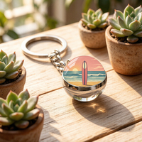 Planche de surf personnalisable coucher de soleil sur la plage, porte-clés boule de verre double face, pendentif portable
