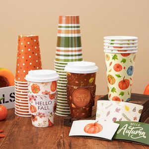 Tasses à café jetables 16 oz biodégradables sur le thème de l'automne Couvercles à encliqueter Citrouille Épice Latte pour Halloween Thanksgiving Automne - Product Image 4