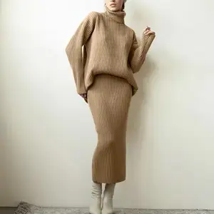 Hiver, nouvelle mode, pull à col roulé chaud pour femmes, jupe midi tricotée, ensemble 2 pièces, jupe courte pour femmes