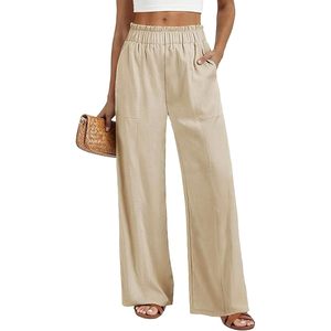 Pantalones Anchos de Lino y Algodón para Mujer FOXA, Cintura Alta, Estilo Palazzo, con Bolsillos, Transpirables, para Vacaciones en la Playa - Product Image 1