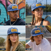 Casquette de baseball personnalisée à visière plate, motif camouflage bleu, 6 panneaux, snapback, patch brodé jaune, réglable, vente en gros, OEM, faible MOQ