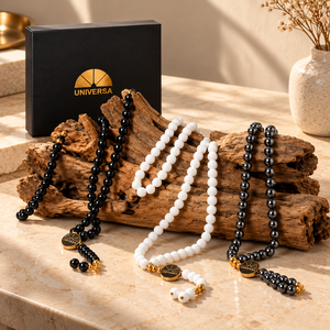 Chapelet Dhikr en Onyx Noir, 99 Perles en Pierre Naturelle, Accessoire de Prière Islamique avec Pochette de Transport Souple, Boîte Premium, Ethnique - Product Image 1