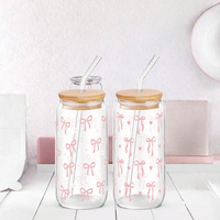 Lot de 2 verres roses avec nœud, couvercle en bambou et paille – Gobelets réutilisables pour boissons froides et chaudes – Idéal pour la maison ou comme cadeau